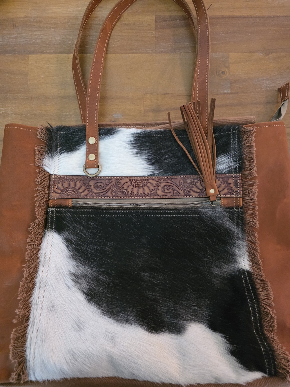 Myra Bag Brown Leather & Black-White Haircalf Fringe Tote